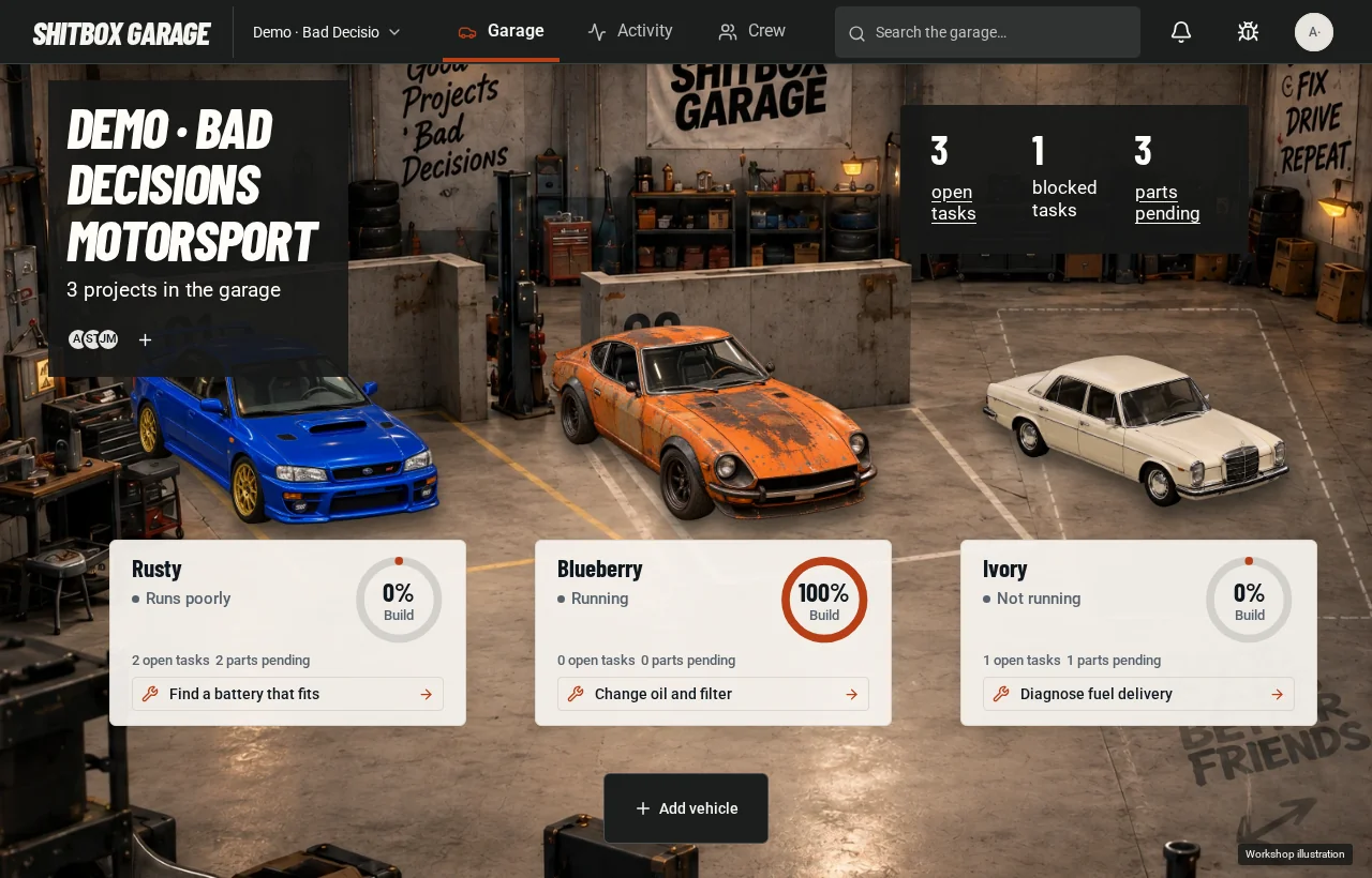 App preview of the garage screen showing example project vehicles and their next jobs, with demo data and illustrated vehicles.