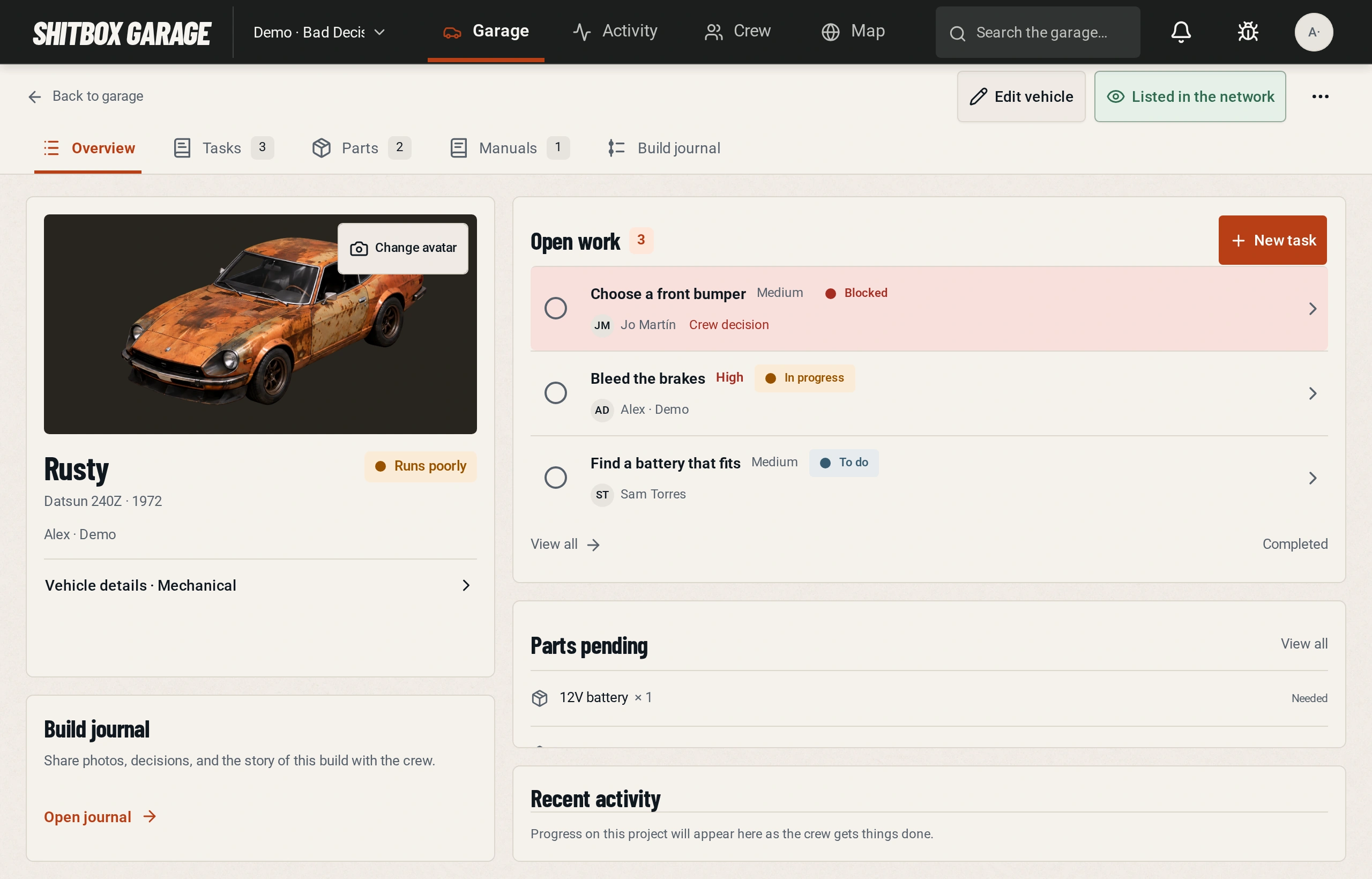 Shitbox Garage project screen, a real app view with example data and an illustrated vehicle